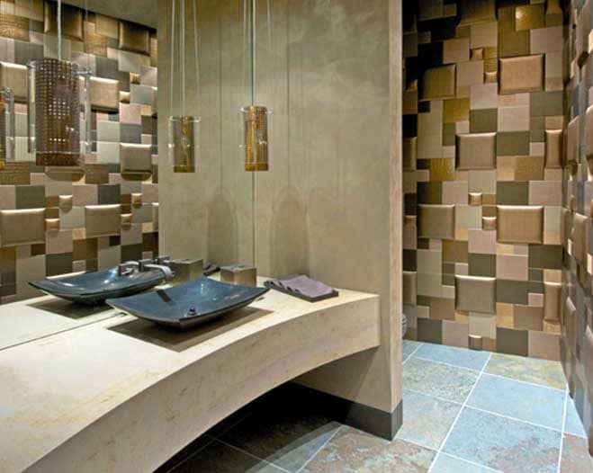 A contemporary bathroom with a unique wall design
